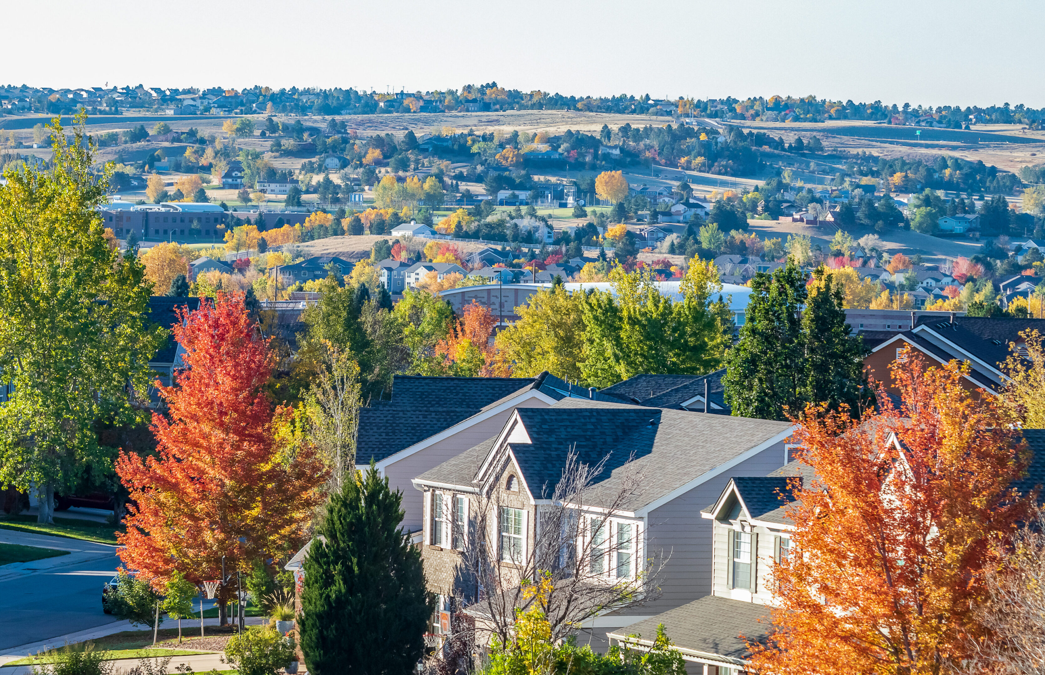 Suburban houses amid colorful autumn trees
