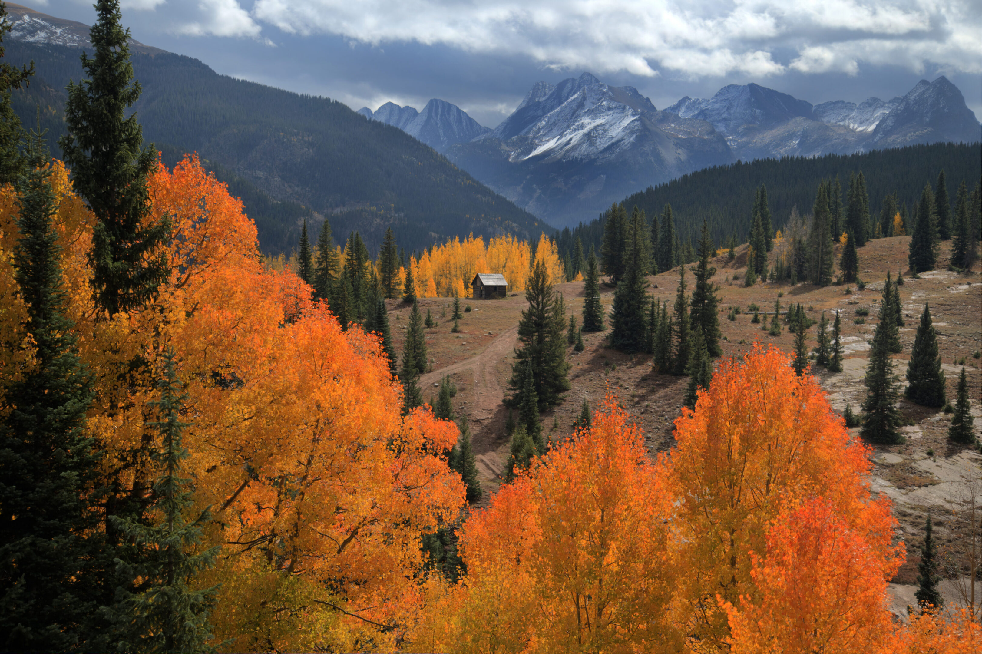 Autumn aspen trees, cabin, snowy mountain peaks