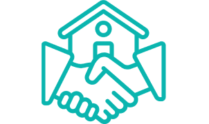 House and handshake icon on black background